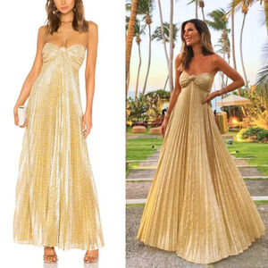 Alexis Joya Maxi Dress Gold Lamé Strapless Pleated Gown Size XS